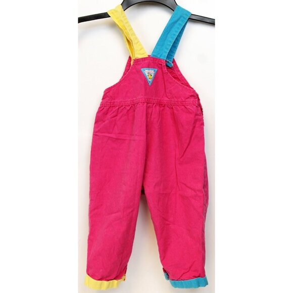 Vtg 90s Oshkosh Pink Colorblock Overalls girls 2T Dancing Bear Woven Flower USA - Picture 6 of 11
